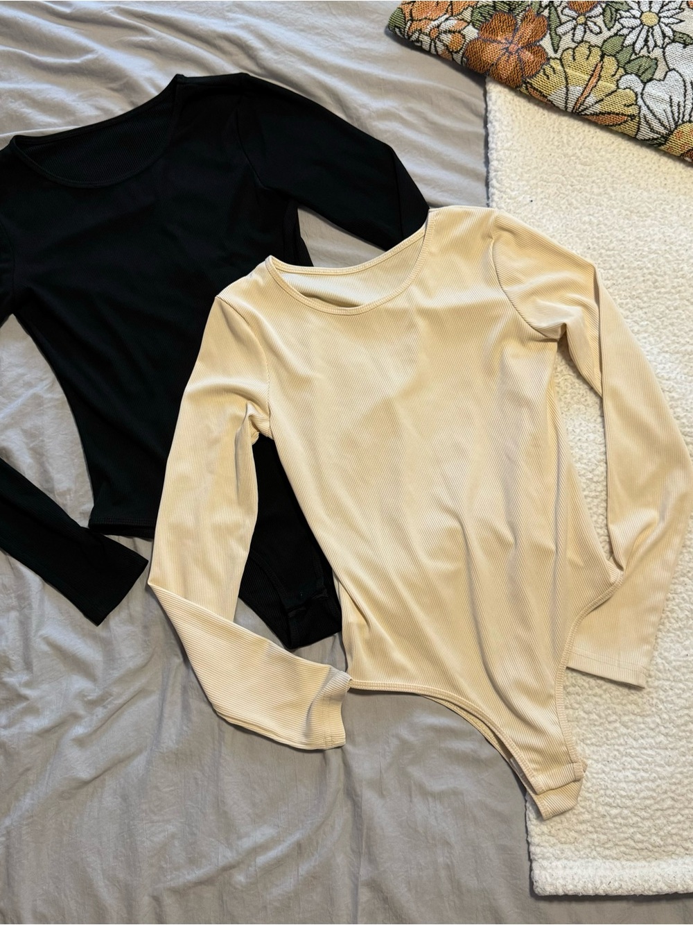 Ribbed Long Sleeve Scoop Neck Bodysuit - Black & Cream